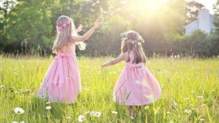 草原を楽しそうに駆け回る幼い姉妹の後ろ姿の画像